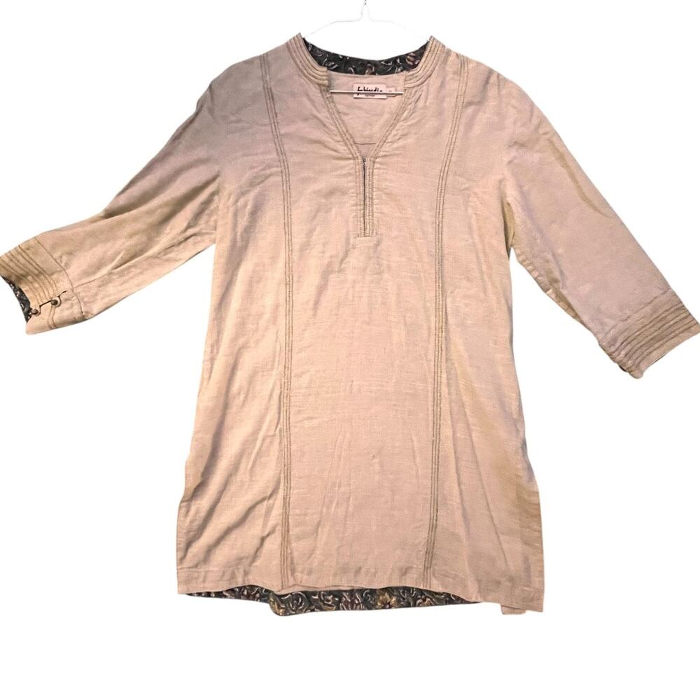 Fabindia Blouse Womens M Beige Tunic V-Neck 3/4 Sleeve Pleated Button Collarless